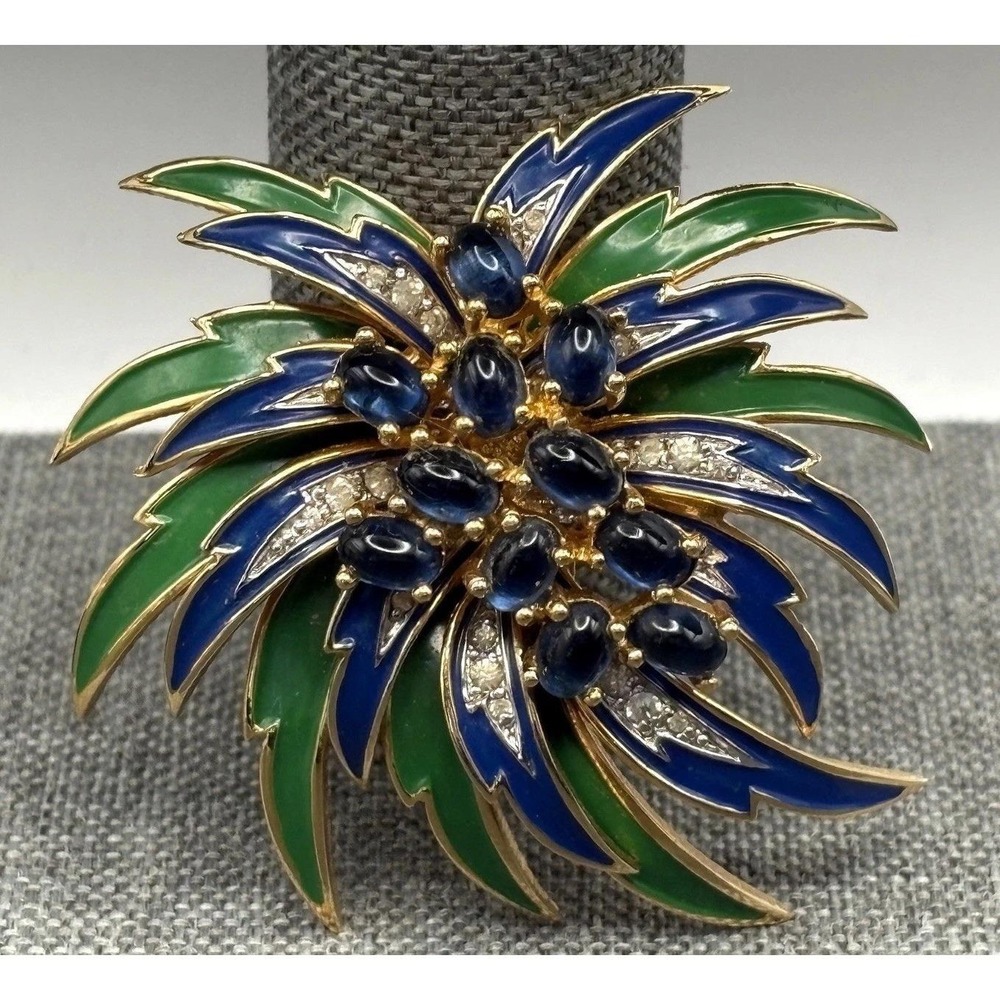 RARE VTG JOMAZ Blue Green Enamel Flower Cabochon Rhinestone Gold Tone Brooch Pin